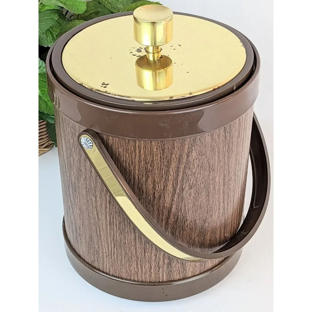 Vintage MCM Vinyl Faux Wood Ice Bucket with Lid Mid Century Barware Wine Chiller